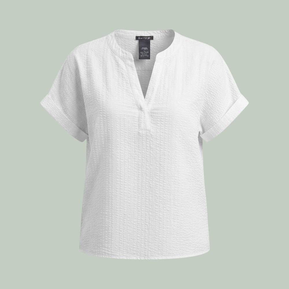 Breezy Coastal Grandma Matty M Wm Lg White Textured Cotton Split V-Neck Classic